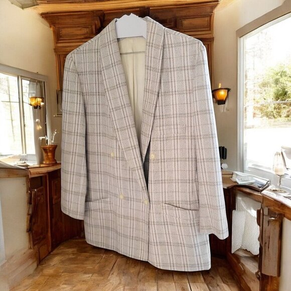 Adolfo Atelier  Vintage Plaid Blazer Beige Checkered Double Breasted - Picture 1 of 7